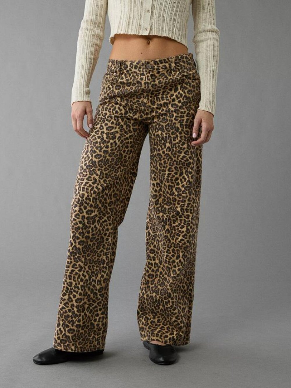 AMERICAN EAGLE Women's AE Stretch Leopard Low-Rise Baggy Wide-Leg Pant Size 00